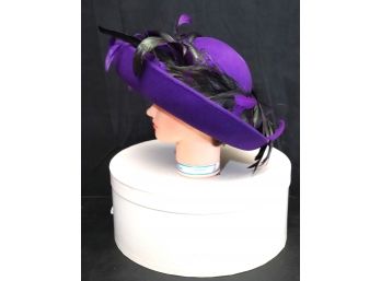 Fabulous Doeskin Felt 100 Wool Purple Brimmed Hat With Black & Purple Feathers