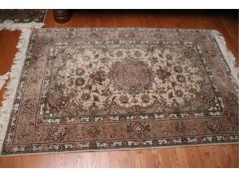 Woven Wool Area Rug, With Center Medallion, 3 Border Frame, Beige With Colorful Flowers