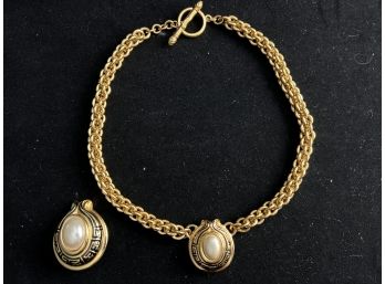 Fendi Gold Tone Necklace With Greek Key Pattern And Faux Pearl