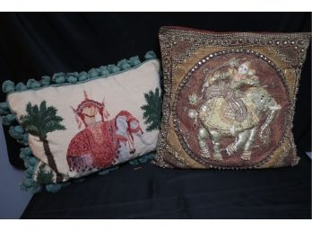 Pair Of Finely Embellished Throw Pillows Featuring Ornate Elephants