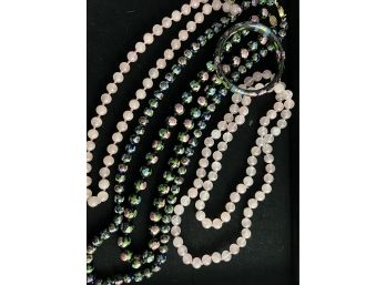 Four Pretty Single Strand Necklaces And Bracelet Include Cloisonne Plus Pink Quartz Knotted Necklaces