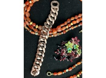 Mark Jacobs Metal Link Bracelet, Pretty Beaded Costume Necklace With Rich Tones And Floral Pin
