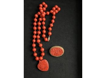 Cinnabar Beaded Necklace, Earrings And Pin