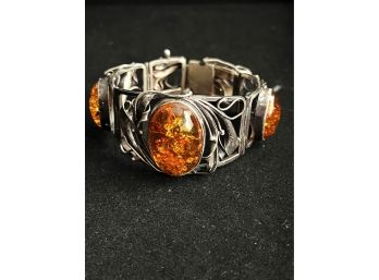 Vintage And Detailed Amber And Sterling Bracelet With 2 Safety Clasps