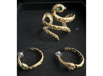Goldtone Snake Bracelet And Matching Earrings With Green Glass Stones.