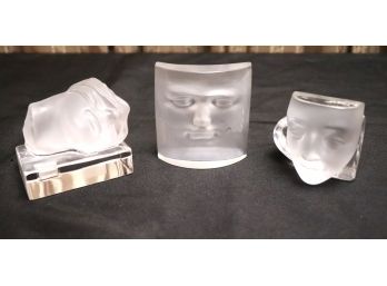 3 Vintage Daum France Clear & Frosted Crystal Face Sculptures