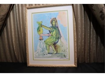 Signed Salvador Dali Aquarius Lithograph In Gold Painted Frame With Cert Of Authenticity