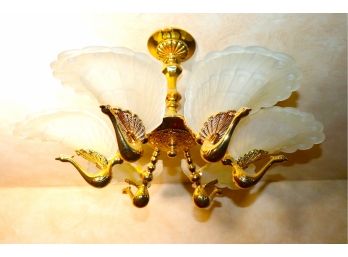 Brass And Frosted Slip Shade Style Peacock Chandelier