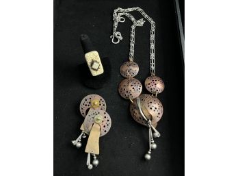 Fun And Funky Copper, Brass And Sterling Necklace And Earrings  And Jan Michaels Ring