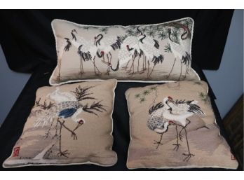 3 Handmade Needlepoint Pillows Featuring Cranes From China