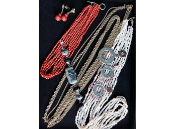 3 Necklaces: Freshwater Pearls, Long Monet Chain, Red Beaded Necklace With Gold Beads & More