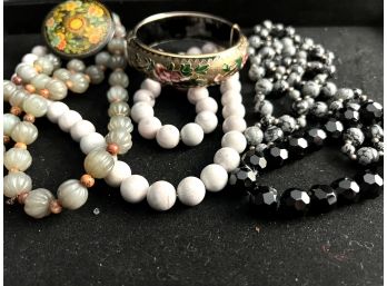 Three Stone Beaded Necklaces, A Beaded Bracelet, Cloisonn Bracelet And Russian Lacquer Pin