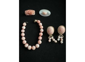 4 Piece Coral Set With Bracelet, 14K Earrings And Two Scarf Holders