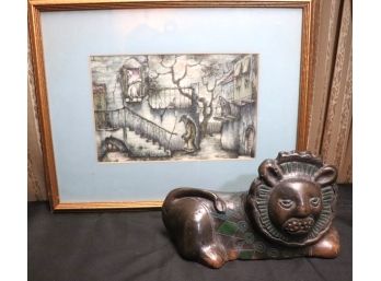 Vintage Lithograph In Gold Painted Frame & Lion Terracotta Sculpture