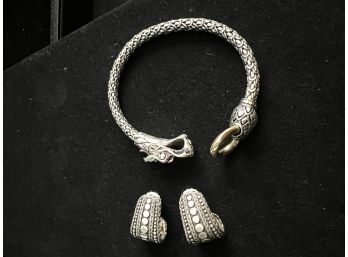John Harding Sterling Silver And 18k Bracelet With Dragon Clasp And Modified Hoop Earrings With Post