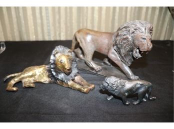 3 Vintage Lion Carvings  Stone & Bronze