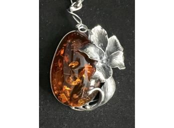 Beautiful Large Amber And Sterling Pendant