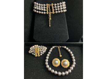 Assortment Of Chunky Faux Pearl Necklaces, Bracelet And Earrings