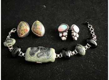 Sterling Collection Of Pretty Green Gray Stone Bracelet And Two Pairs Of Sterling Earrings