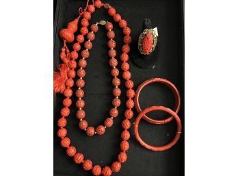 Nice Assortment Of Cinnabar Necklaces Bracelets And Ring