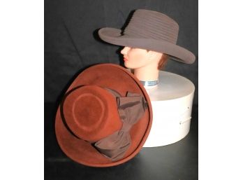 Pair Of Vintage Felt Womans Hats In Chocolate Brown & Black