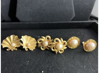 Three Pairs Of Vintage Karl Lagerfeld Clip On Gold Earrings With Faux Pearls