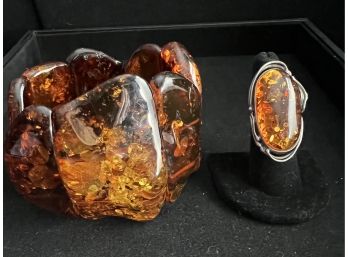 Fun And Chunky Amber Bracelet On Elastic Cord And Sterling And Amber Ring