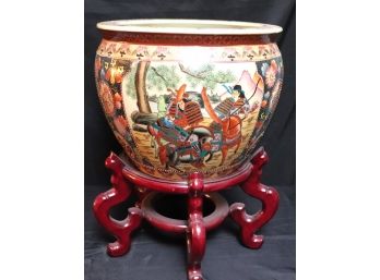Hand Painted Japanese Royal Satsuma Planter With Rosewood Finished Wood Stand