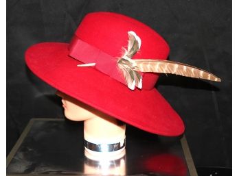Amazing Quality Adolfo II 100 Wool Red Felt Brimmed Hat With Feather In Cap