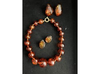 Beautiful Amber Necklace With Goldtone Clasp And Two Pairs Of Amber Clip On Earrings