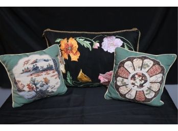 Set Of 3 Embellished Throw Pillows  2 Needlepoint & 1 Embroidered