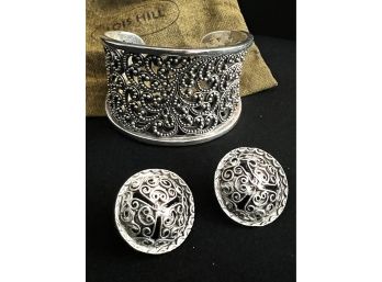 LOIS HILL INTRICATE STERLING CUFF BRACELET With Matching Clip-on Earrings