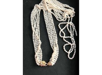 Beautiful Seven Strand Cultured Pearl Necklace With 14 K Lion Clasp Encrusted With Precious Stones