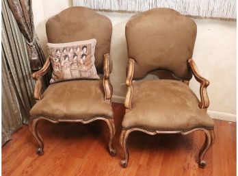 Pair Of Kreiss Suede Leather Arm Chairs - Modern Style With Scrolls