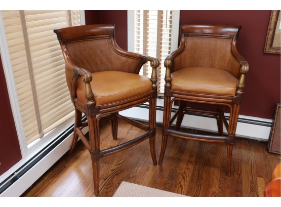 Pair Of Ethan Allen High Back Counter/Bar Stools With A Wicker Back, Carved Arms & Bamboo Style Legs