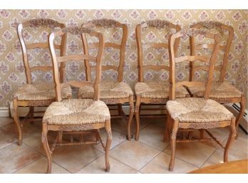 Set Of 6 Country French Woven Rush Chairs With Carved Detailing Along The Edges