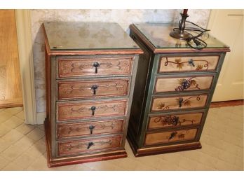 Pair Of Shabby Chic Style Stenciled Night Stands With A Protective Glass Top Includes A Table Lamp