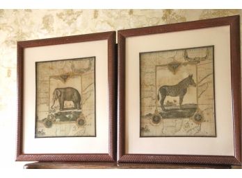 Pair Of Framed Safari/Map Prints Of A Zebra & Elephant