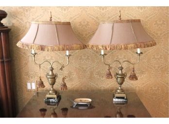 Pair Of Ornate Frederick Cooper Brass Candelabra Style Table Lamps On A Marble Base, Asian Style Tray