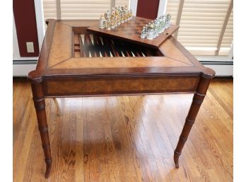Ethan Allen Flip Top Game Table With A Leather Surface On Top, Chess & Backgammon, Chess Pieces Made In Italy