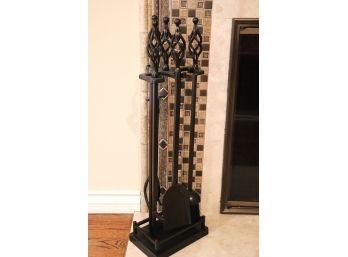 Set Of Heavy Ornate Metal Wrought Fireplace Tools With A Stand