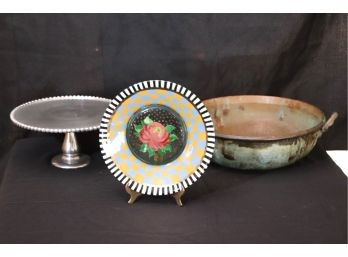 Floral Painted Makenzie Childs Plate, Cake Plate & Rustic Style Painted Copper Bowl With Handle