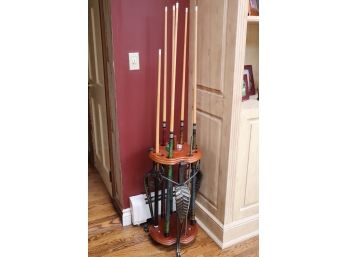 Metal & Wood Pool Cue Stand/Holder With Ornate Acanthus Design, Includes Assorted Sized Cues