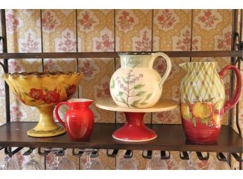 Zrike Hand Painted Glazed Ceramic Pitcher, Floral Centerpiece Bowl & Small Red Le Creuset Pitcher