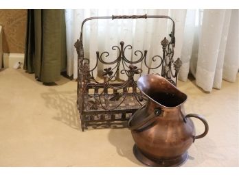 Ornate Metal Magazine Stand With A Metal Pitcher With A Copper Like Finish
