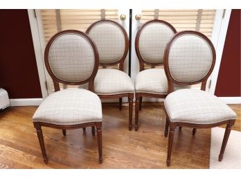 Set Of 4 Ethan Allen Louis The 16th Style Accent Chairs Covered In A Neutral-Colored Plaid Upholstery
