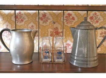 Enamelware Style Pitcher, Danforth Pitcher & Brookside Farm Dairy Cream Bottles With Holder