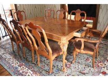 Pinewood Extension Dining Table With A Highly Carved Apron, Claw Feet & 8 Chairs With Animal Print Fabric