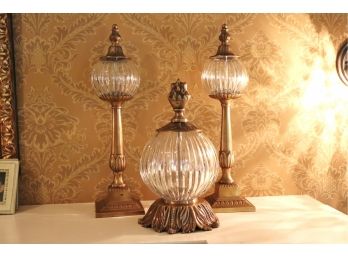 Set Of 3 Quality Decorative Brass & Glass Garnitures