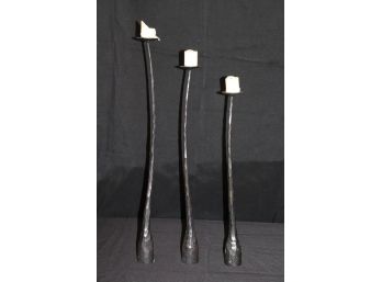 Set Of 3 Tall Hand Forged/Hammered Wrought Iron Candle Pillars Ranging In Size